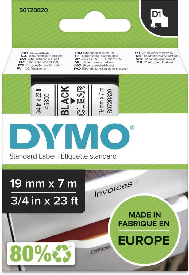 Dymo D1 tape 19 mm zwart op transparant