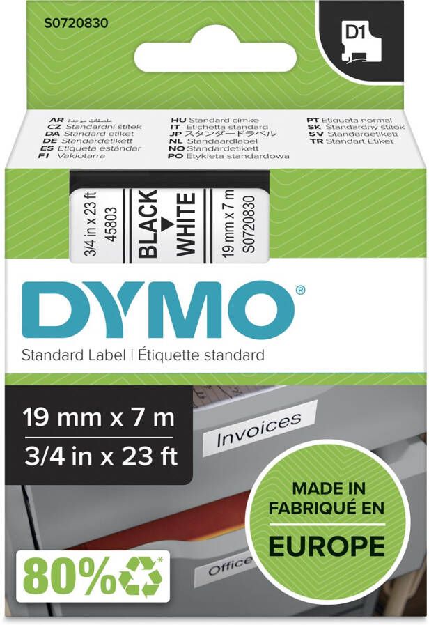 Dymo D1 tape 19 mm zwart op wit
