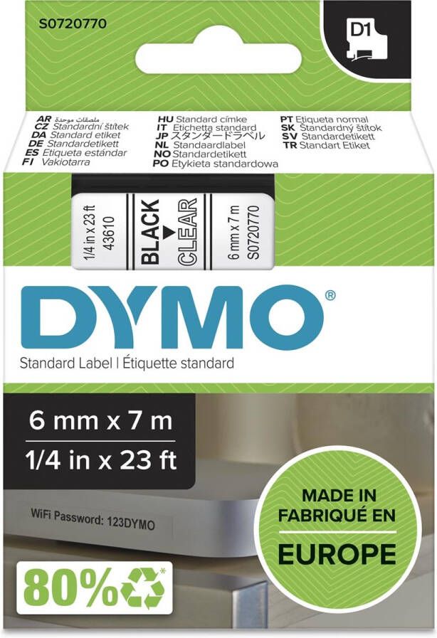 Dymo Labeltape LabelManager D1 polyester 6mm zwart op transparant