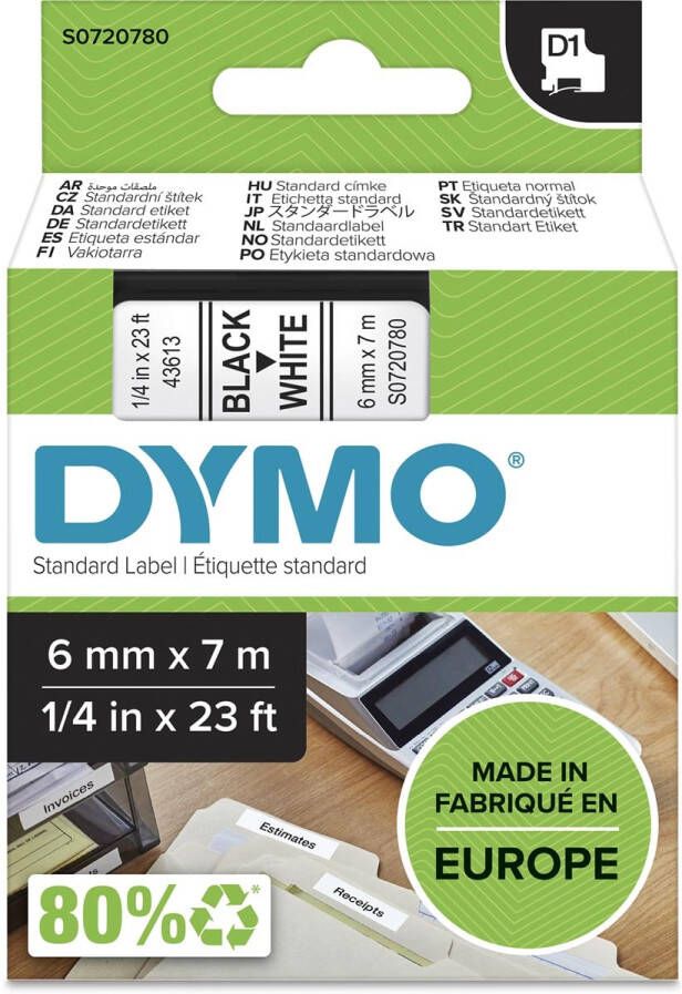 Dymo Labeltape LabelManager D1 polyester 6mm zwart op wit