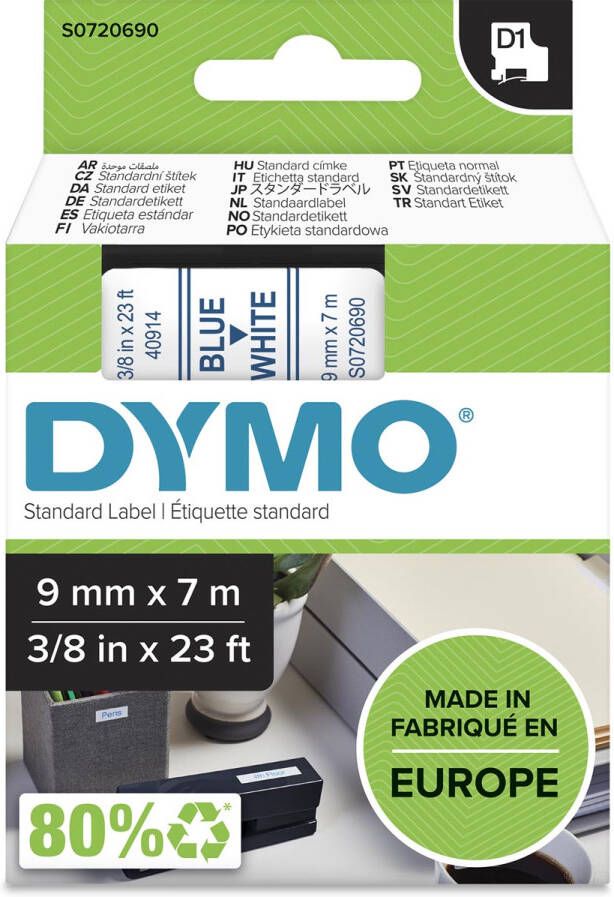 Dymo D1 tape 9 mm blauw op wit
