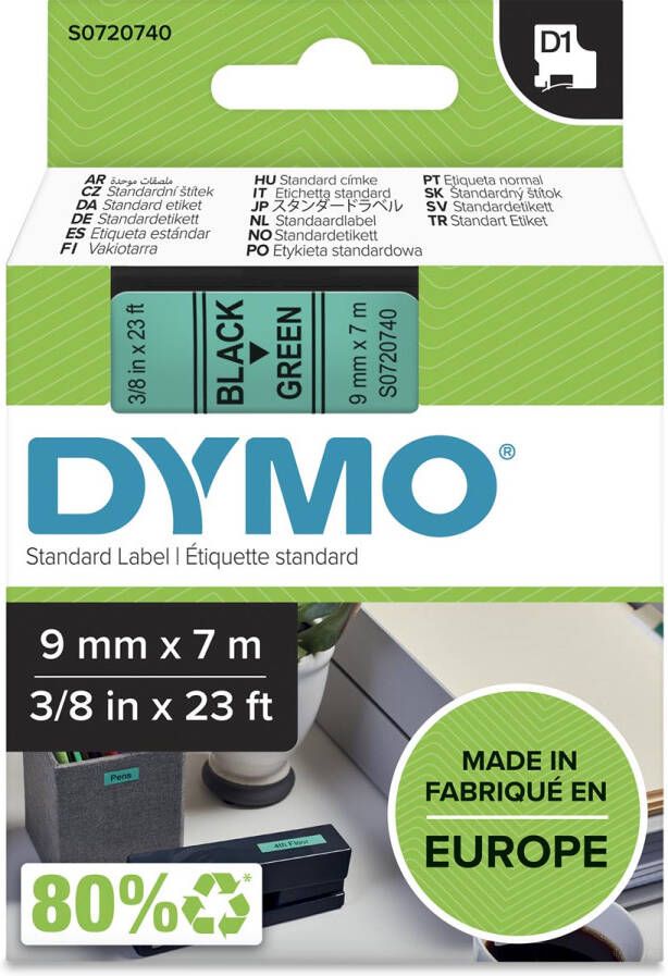 Dymo D1 tape 9 mm zwart op groen