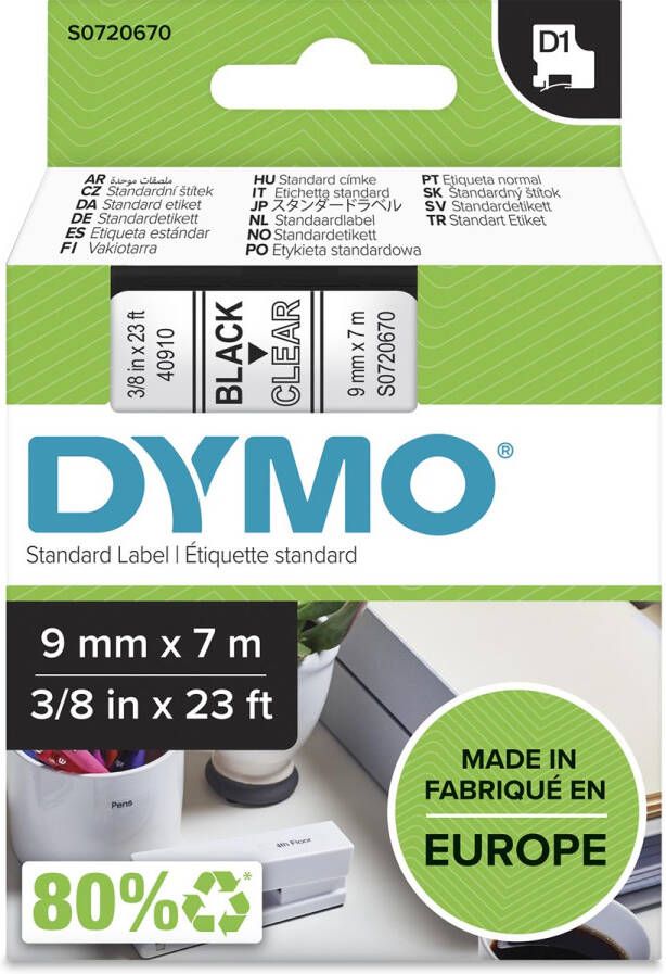 Dymo D1 tape 9 mm zwart op transparant