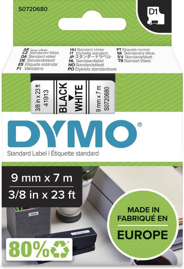 Dymo D1 tape 9 mm zwart op wit