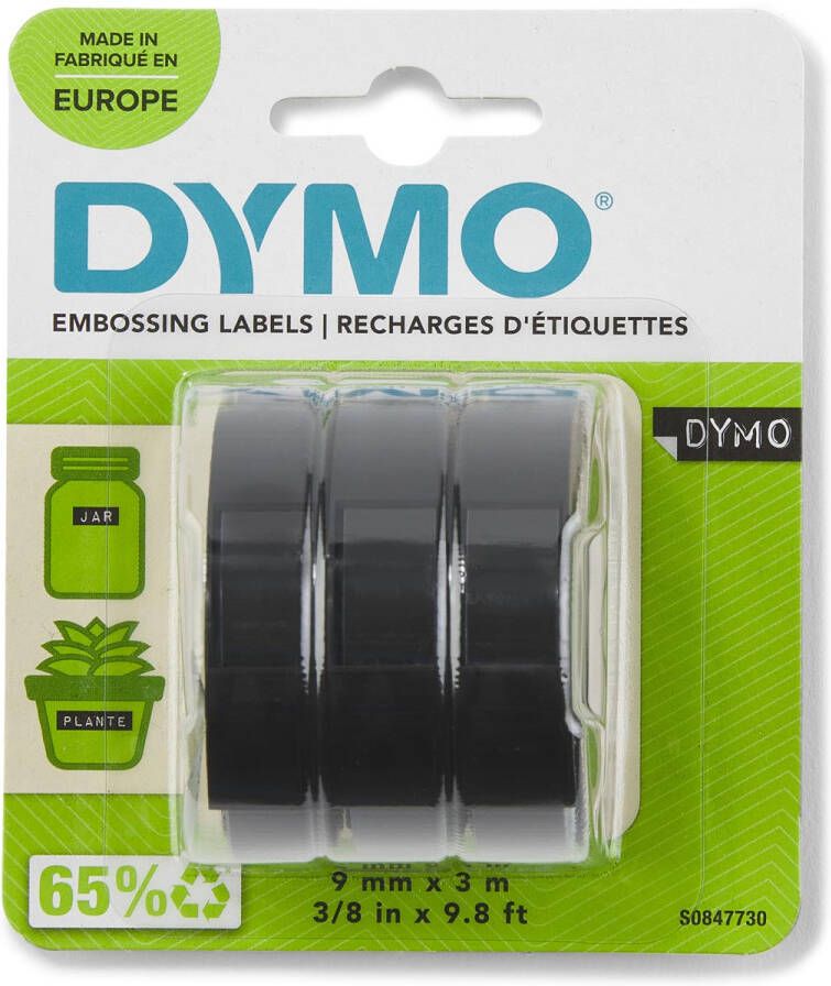 Dymo Reliëftape embossing plastic 9mm zwart op wit 3 stuks