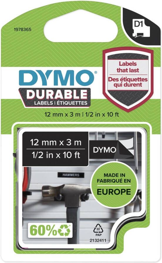 Dymo duurzame D1 tape 12 mm x 3 m wit op zwart