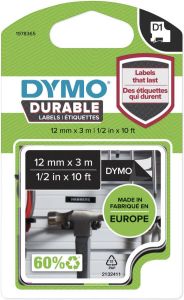 Dymo duurzame D1 tape 12 mm x 3 m wit op zwart