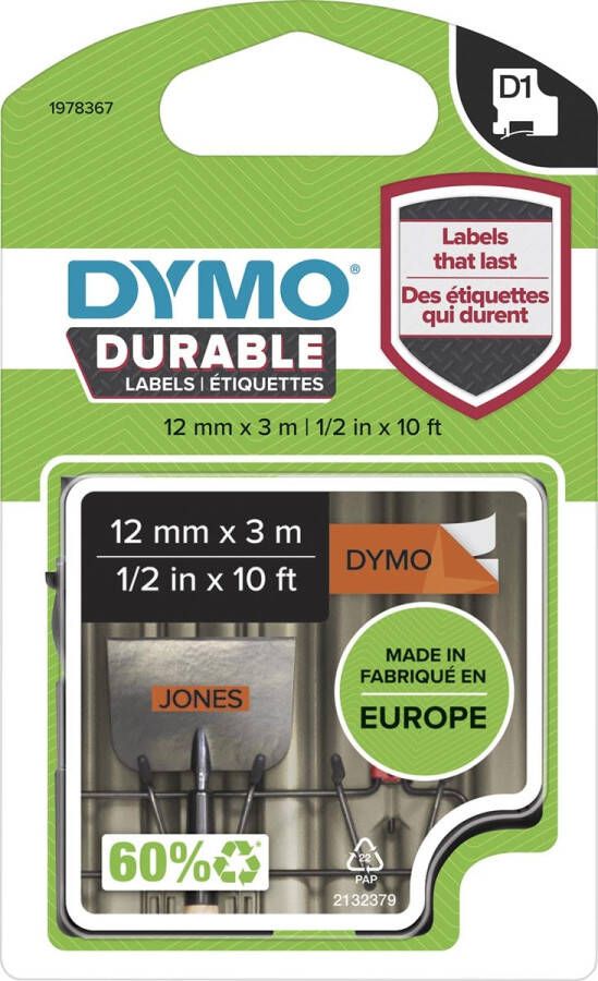 Dymo duurzame D1 tape 12 mm x 3 zwart op oranje