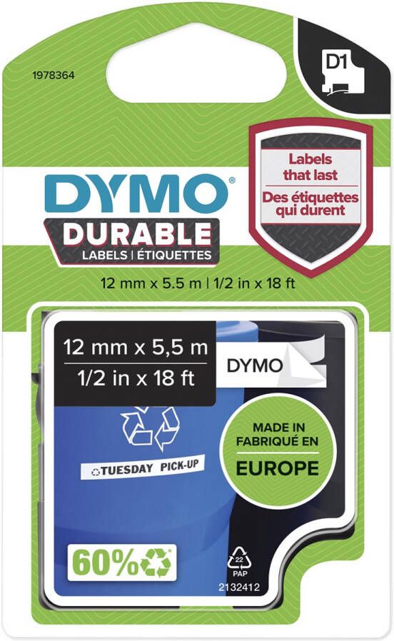Dymo duurzame D1 tape 12 mm x 5 m zwart op wit