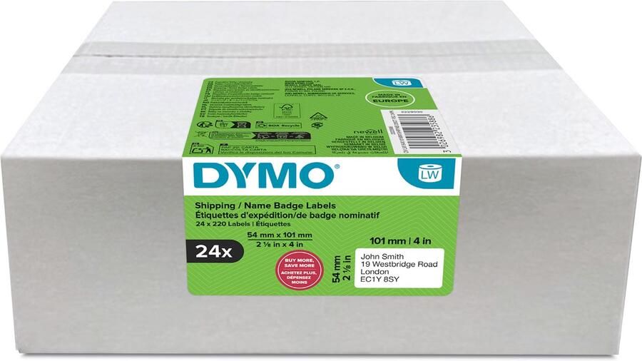 Dymo etiketten LabelWriter ft 101 x 54 mm wit 220 etiketten multipack van 24 rollen - Foto 1