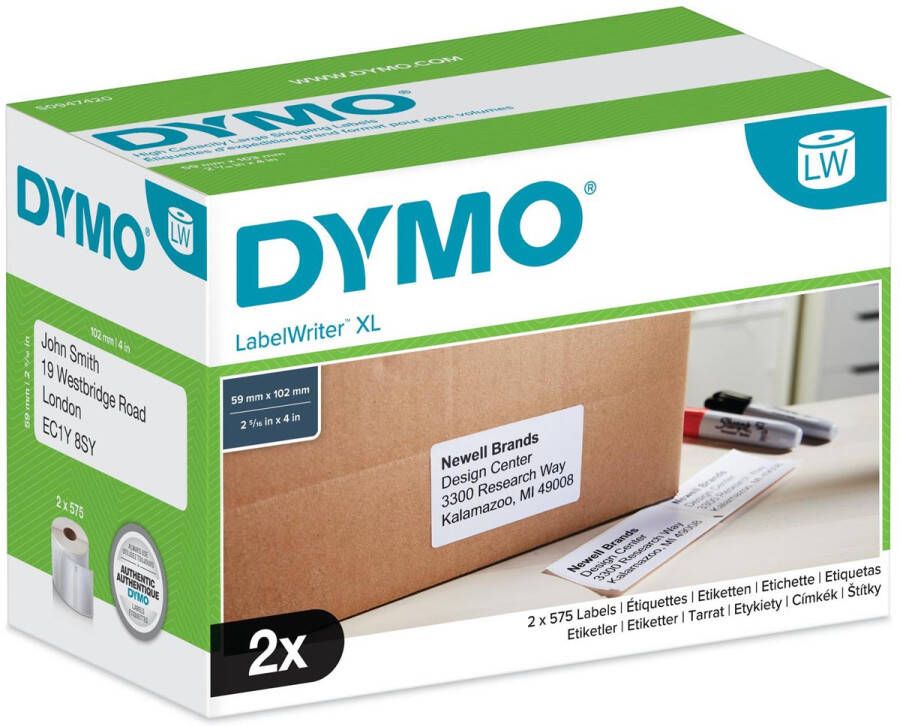 Dymo Etiket LabelWriter 5XL verzendlabel 59x102mm 2 rollen Ã¡ 575 stuks wit