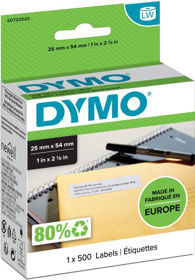 Dymo etiketten LabelWriter ft 25 x 54 mm wit 500 etiketten