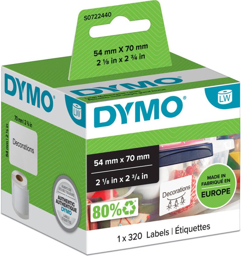 Dymo etiketten LabelWriter ft 70 x 54 mm wit 320 etiketten