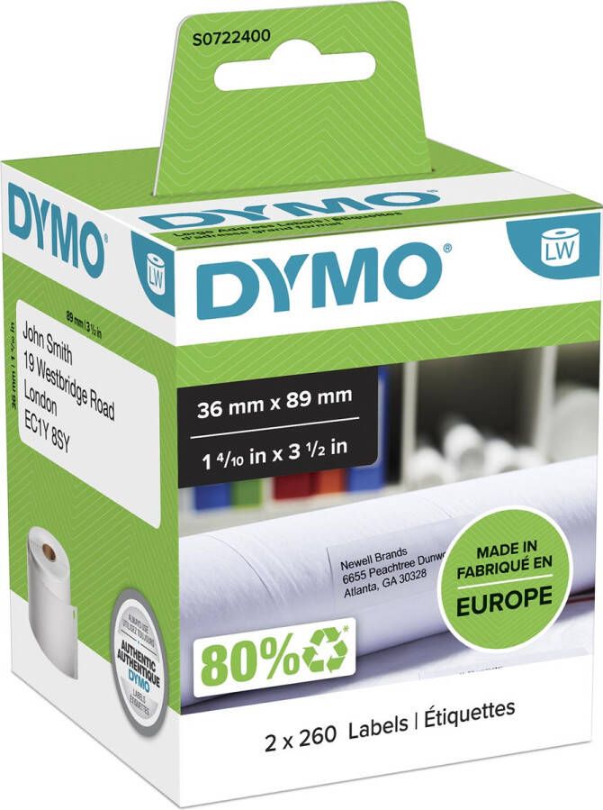 Dymo Etiket LabelWriter adressering 36x89mm 2 rollená 260 stuks wit
