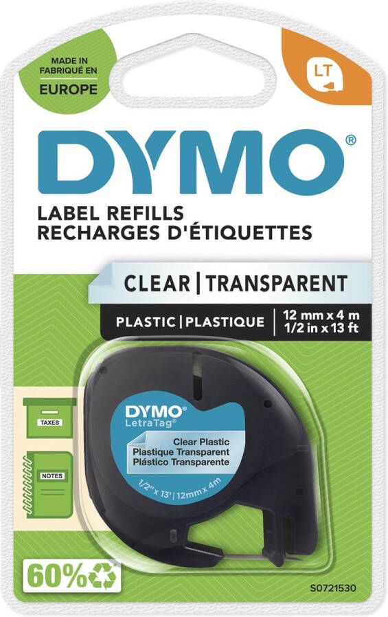 Dymo Labeltape Letratag 12267 plastic 12mm zwart op transp