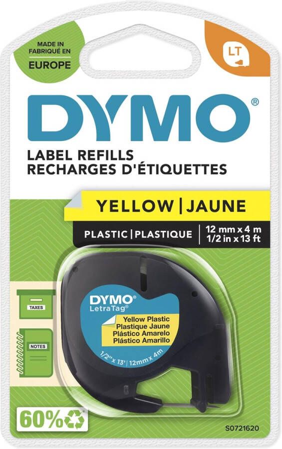 Dymo Labeltape Letratag 91202 plastic 12mm zwart op geel
