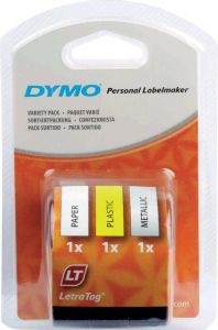 Dymo LetraTAG tape 12 mm set 3 tape: 1 x papier wit 1 x plastic geel en 1 x metallic zilver