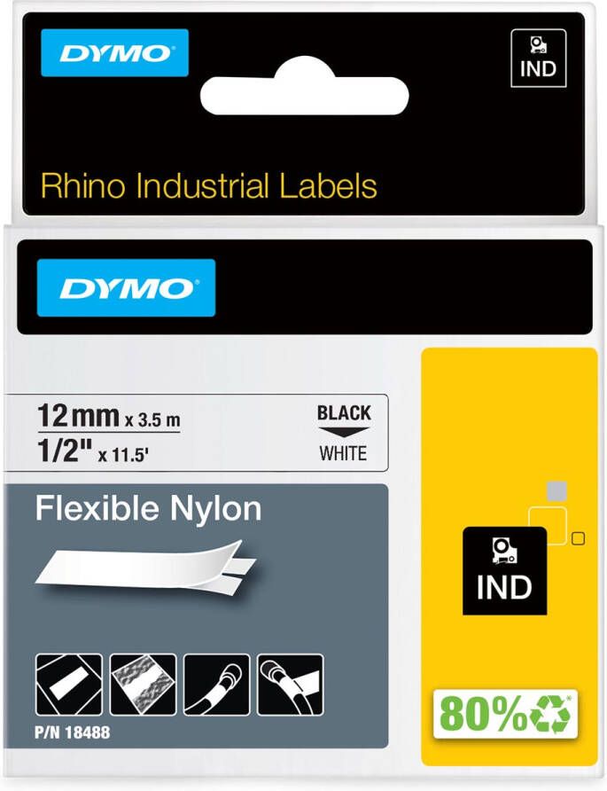 Dymo RHINO flexibele nylontape 12 mm zwart op wit