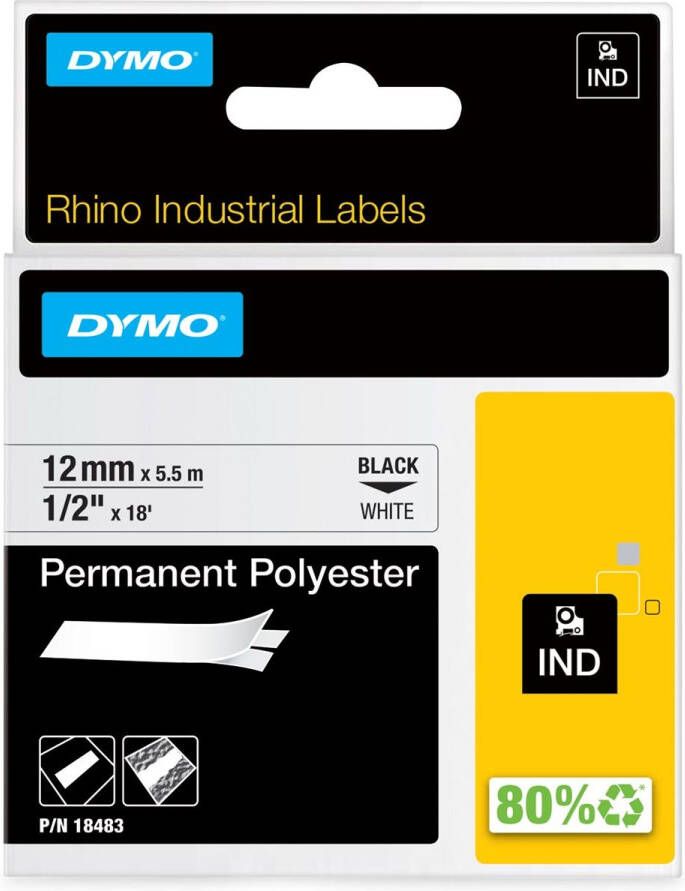Dymo RHINO permanente polyester tape 12 mm zwart op wit