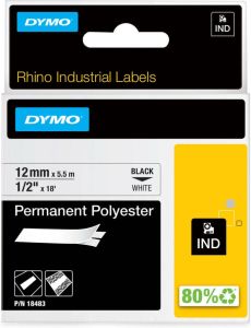Dymo RHINO permanente polyester tape 12 mm zwart op wit