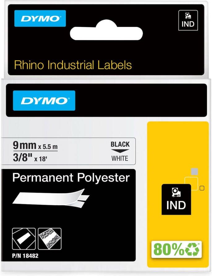 Dymo RHINO permanente polyester tape 9 mm zwart op wit