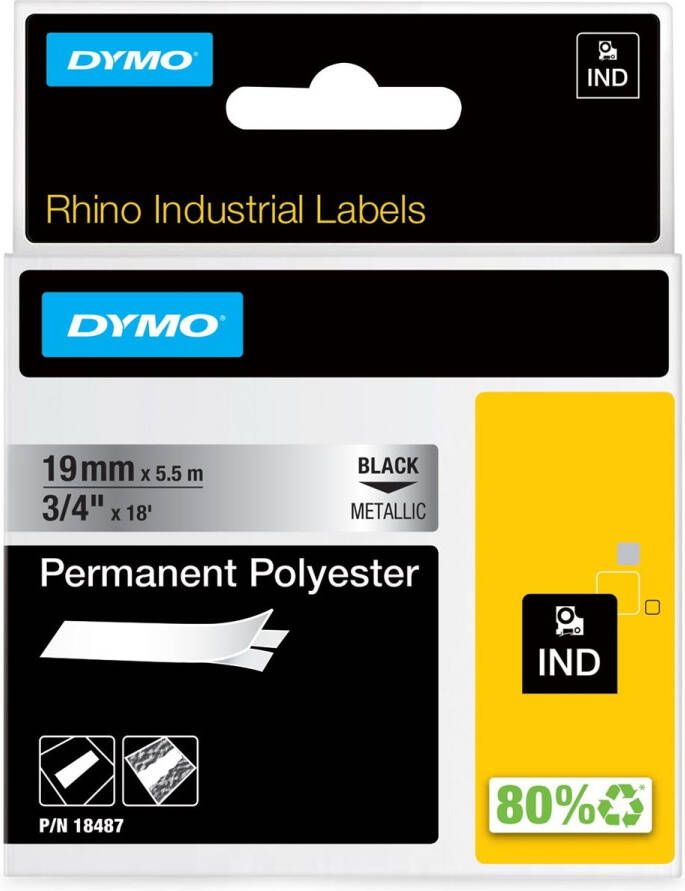 Dymo RHINO tape permanent polyester 19 mm zwart op metaal