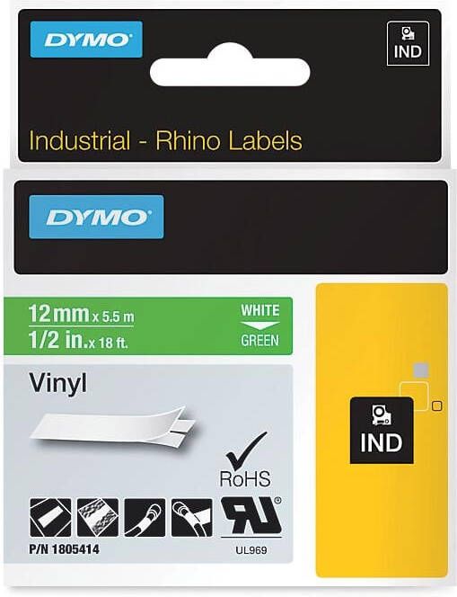 Dymo RHINO vinyltape 12 mm wit op groen