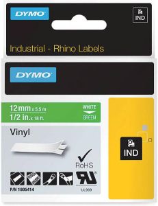 Dymo RHINO vinyltape 12 mm wit op groen