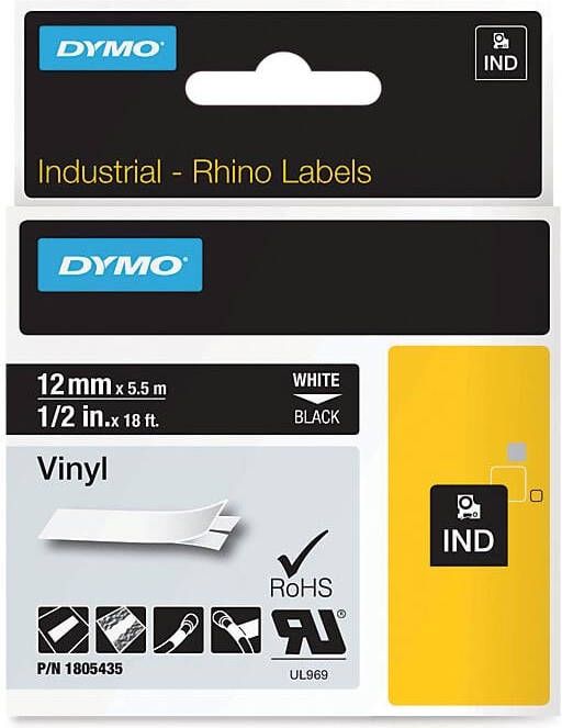Dymo RHINO vinyltape 12 mm wit op zwart