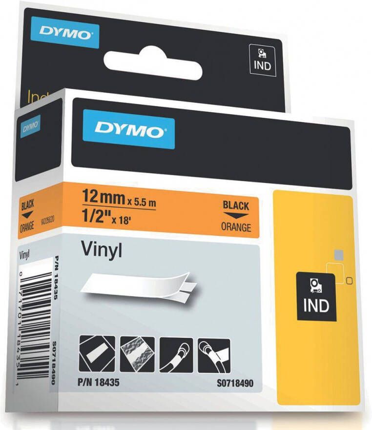 Dymo RHINO vinyltape 12 mm, zwart op oranje online kopen
