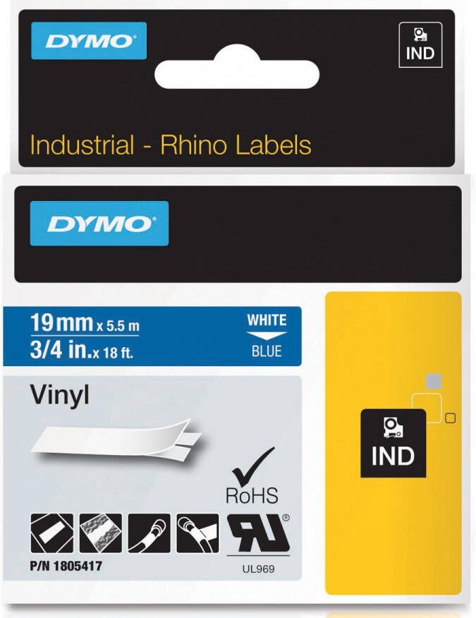 Dymo RHINO vinyltape 19 mm wit op blauw