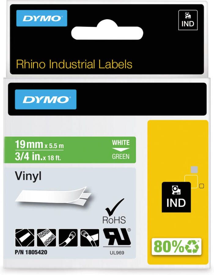 Dymo RHINO vinyltape 19 mm wit op groen