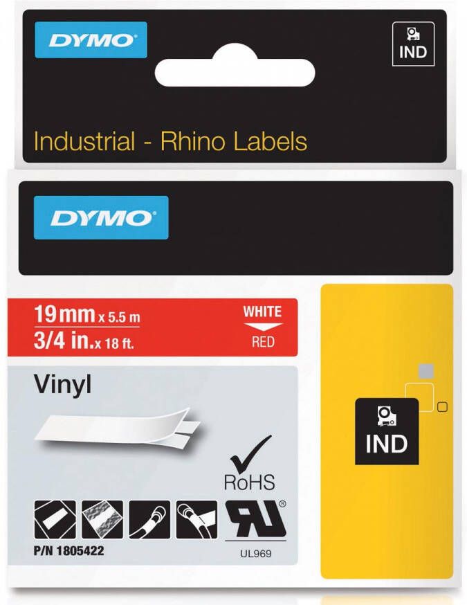 Dymo RHINO vinyltape 19 mm wit op rood