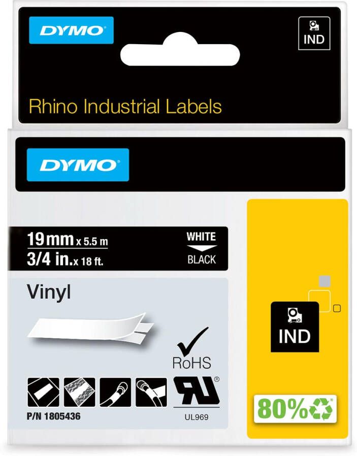 Dymo RHINO vinyltape 19 mm wit op zwart
