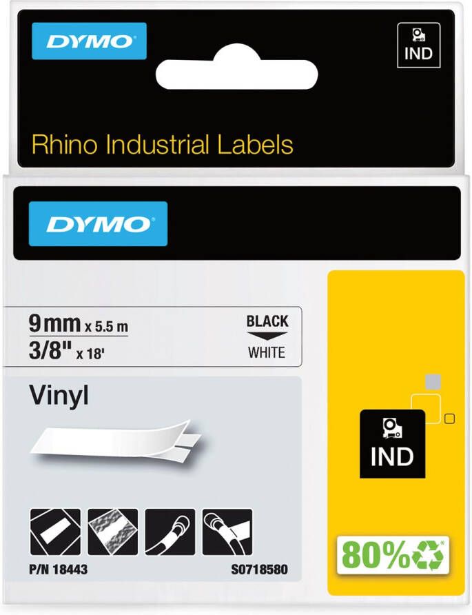 Dymo RHINO vinyltape 9 mm zwart op wit