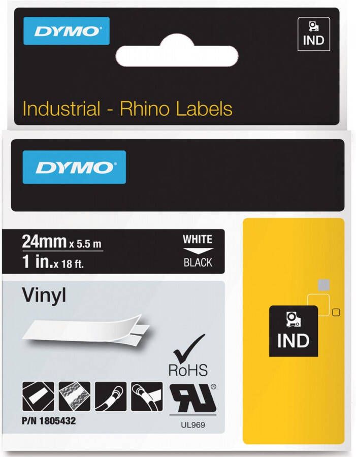 Dymo RHINO vinyltape ft 24 mm, wit op zwart online kopen
