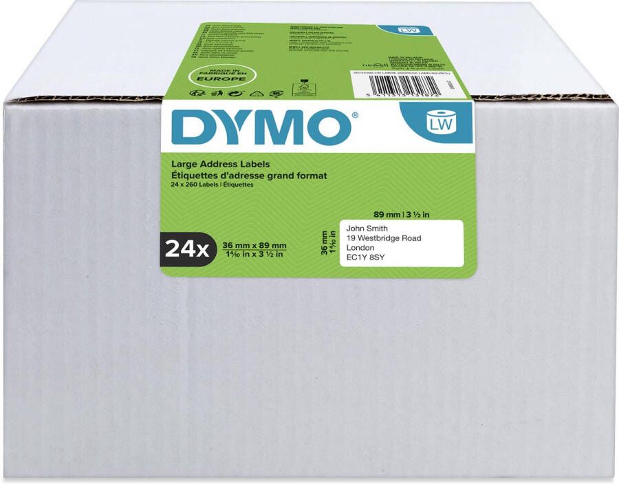 Dymo Value Pack etiketten LabelWriter ft 89 x 36 mm, wit, doos van 24 x 260 etiketten online kopen
