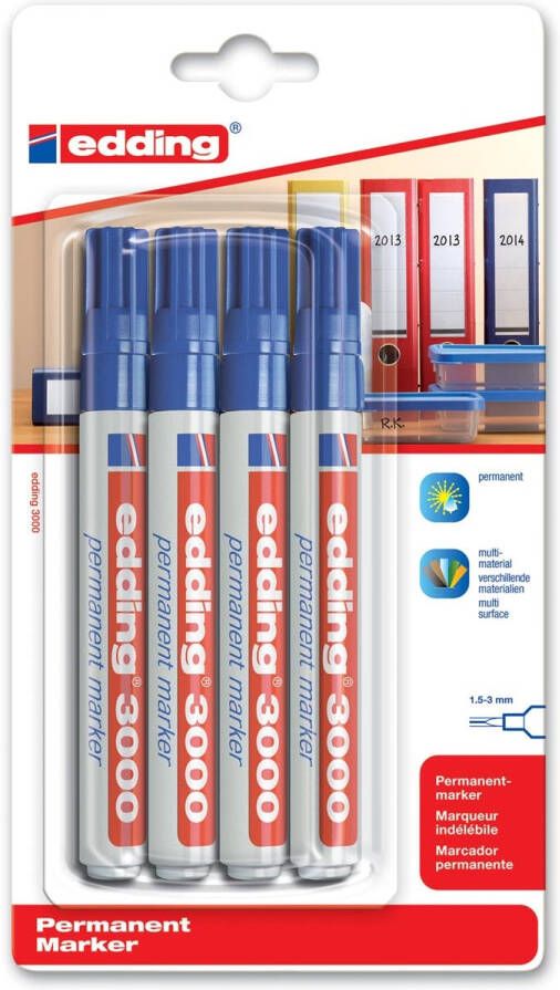 Edding Viltstift 3000 rond 1.5-3mm blauw blisterà 4 stuks