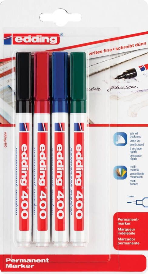 Edding permanent marker 400 blister van 4 stuks in geassorteerde kleuren