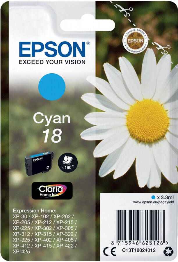 Epson inktcartridge 18 180 pagina&apos;s OEM C13T18024012 cyaan