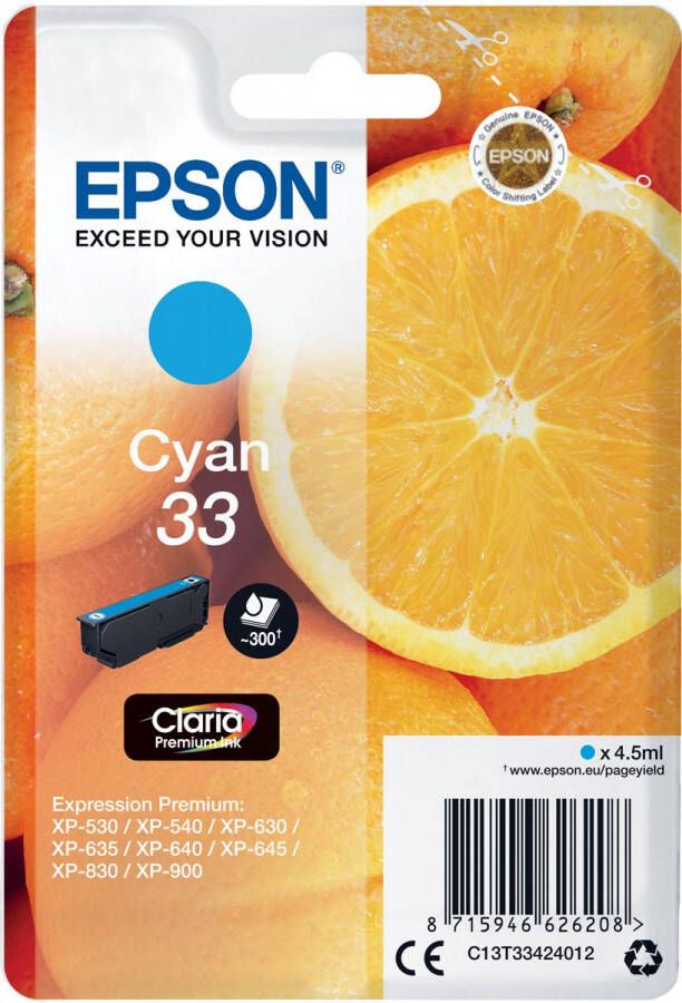 Epson Oranges Singlepack Cyan 33 Claria Premium Ink (C13T33424012)