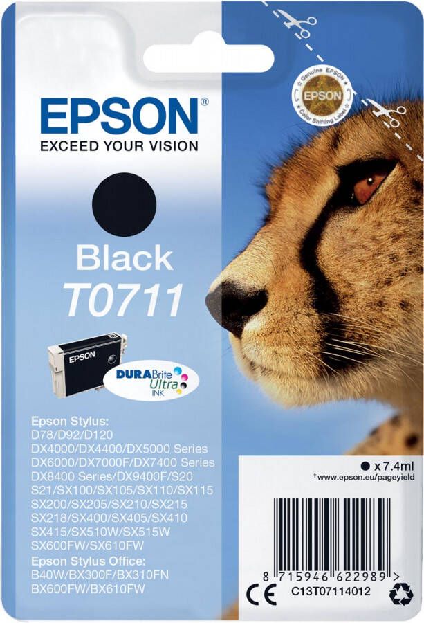 Epson Cheetah Singlepack Black T0711 DURABrite Ultra Ink (C13T07114012)