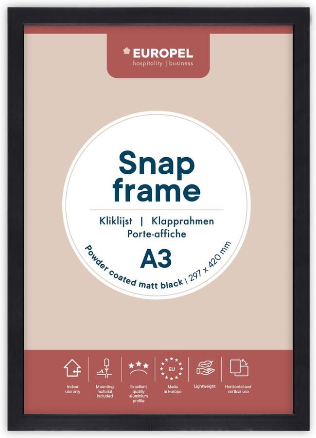 Europel clicklijst lijst 25mm A3 mat zwart posterframe