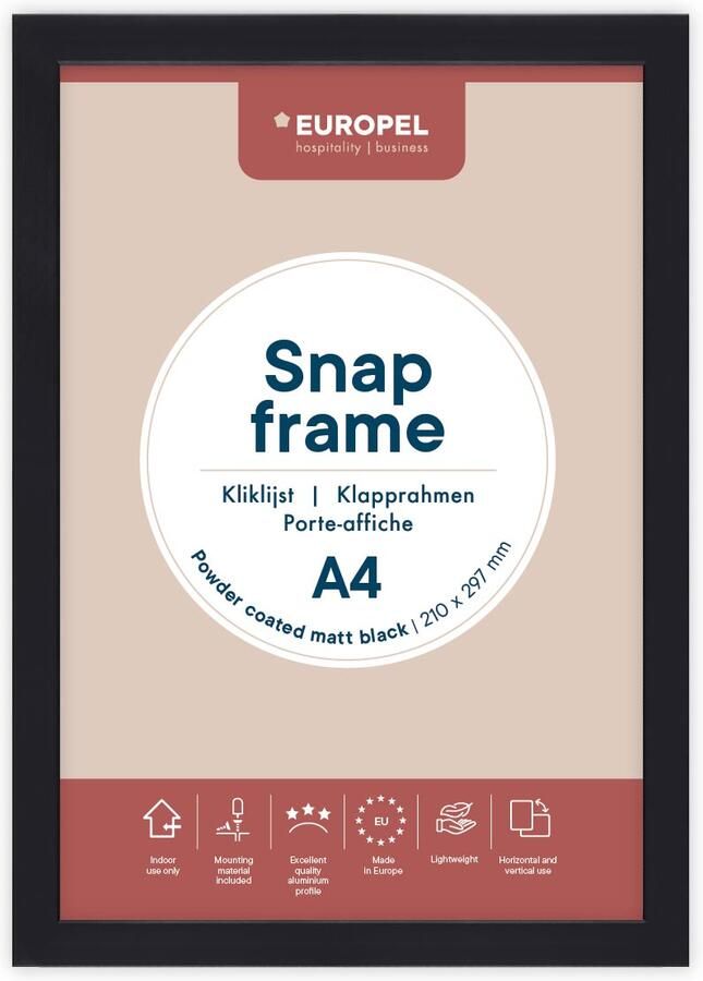 Europel clicklijst lijst 25mm A4 mat zwart posterframe