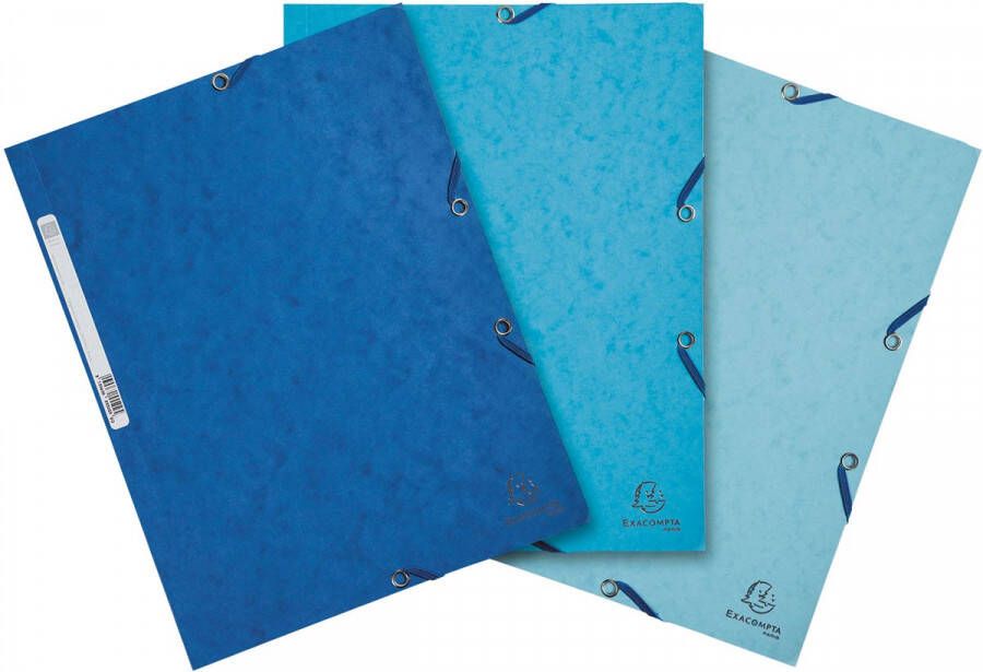 Exacompta elastomap uit karton ft A4 3 kleppen set van 3 stuks in 3 tinten blauw(Oceaan )