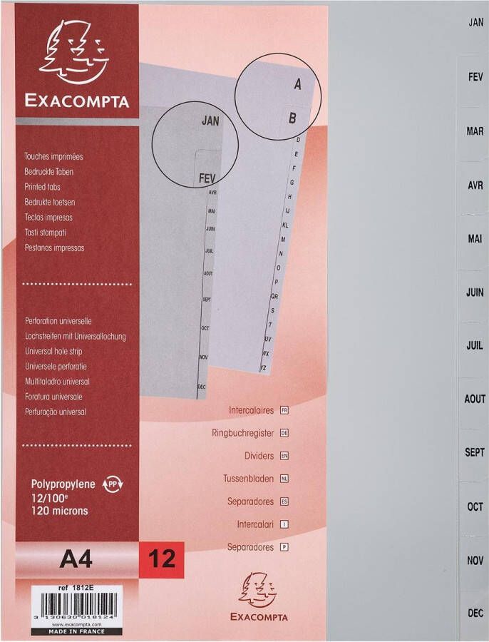 Exacompta tabbladen maandelijks voor ft A4 uit PP 12 tabs januari december grijs