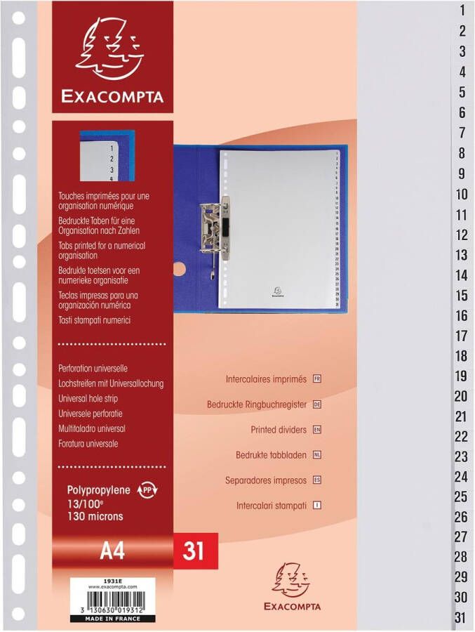 Exacompta tabbladen numeriek voor ft A4 uit PP 31 tabs grijs