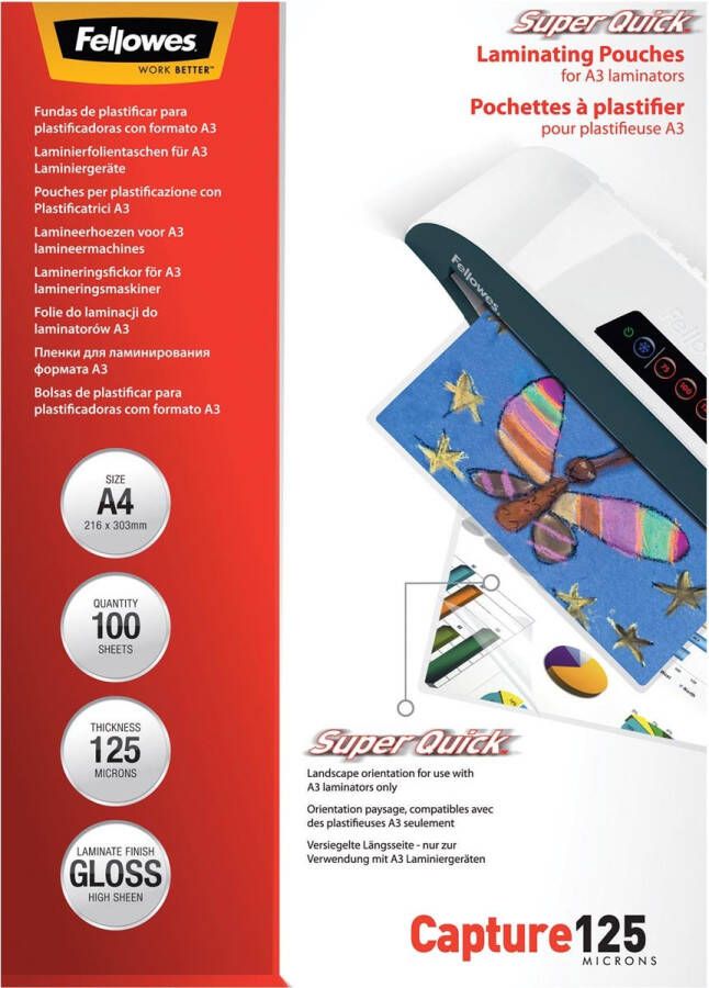 Fellowes lamineerhoes Capture125 Super Quick ft A4 250 micron (2 x 125 micron) pak van 100 stuks