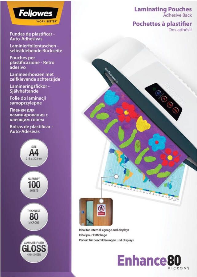 Fellowes lamineerhoes Enhance80 zelfklevend ft A4 160 micron (2 x 80 micron) pak van 100 stuks