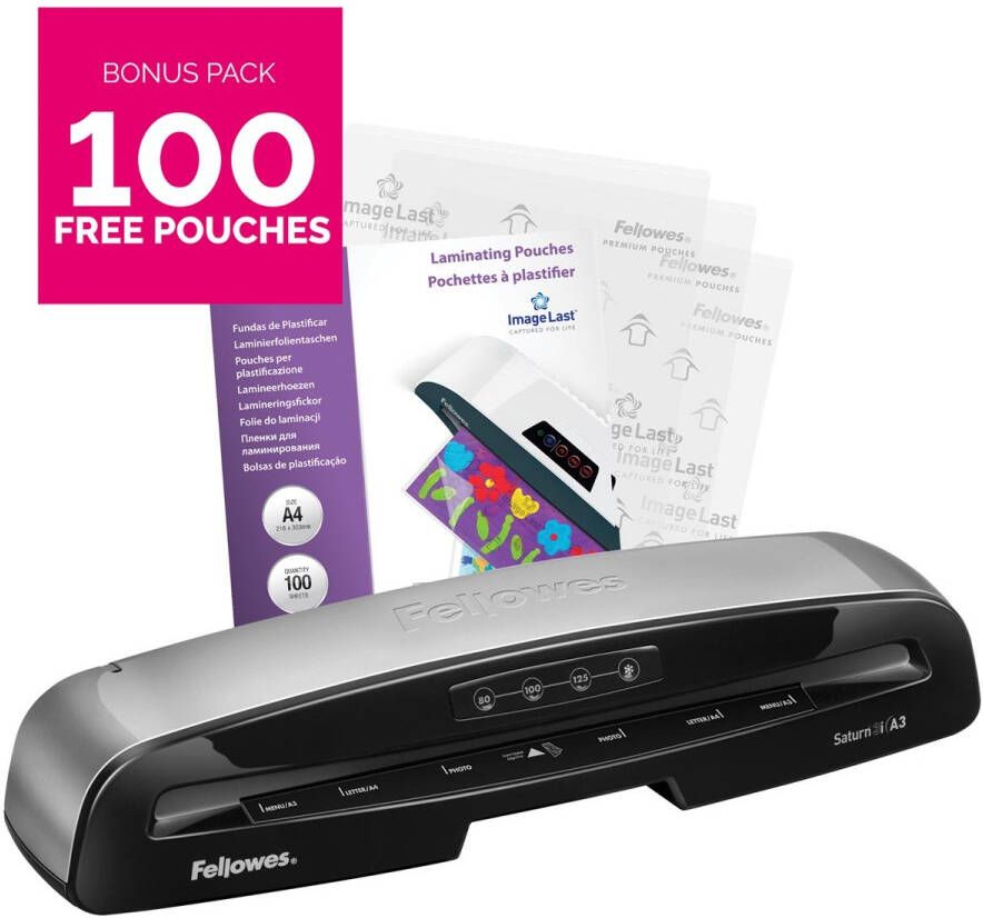 Fellowes lamineermachine Saturn voor ft A3 + Bonus Pack van 100 lamineerhoezen (A4 80 micron)
